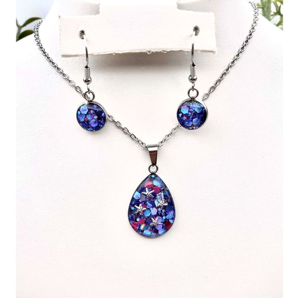 Handmade Blue Glitter Star Teardrop Resin Necklace & Earrings Set